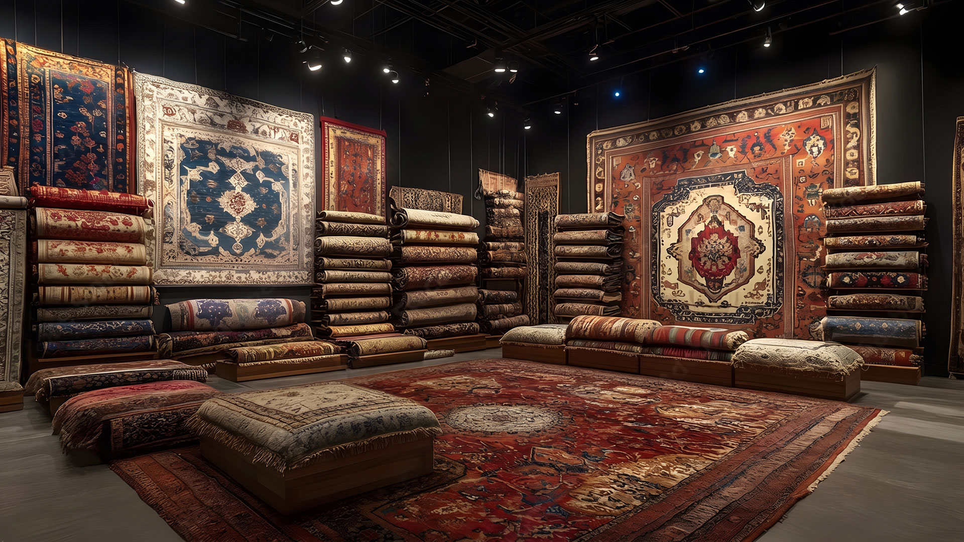 Elegante galleria espositiva con tappeti persiani pregiati arrotolati e stesi a terra sotto illuminazione orientata.