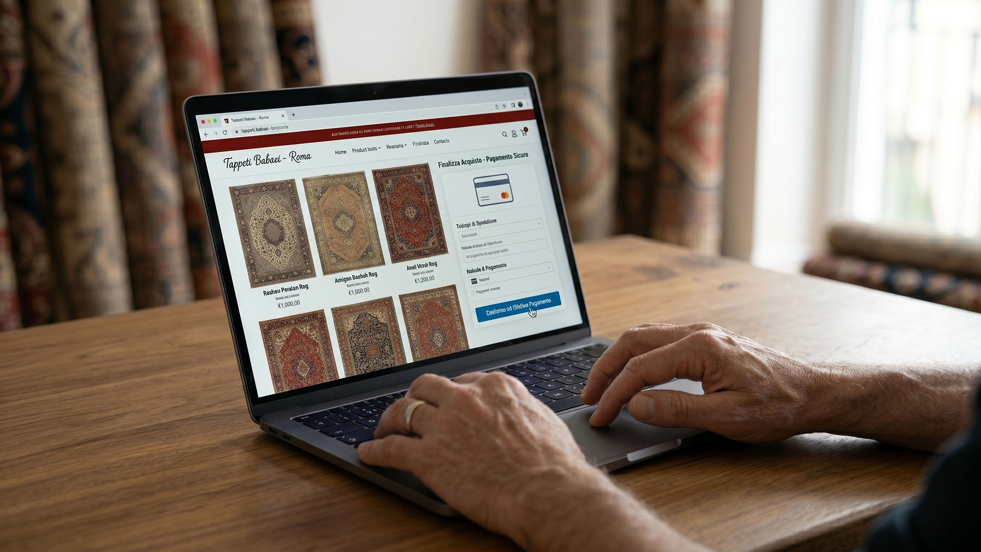 Mani che finalizzano un acquisto online di un tappeto orientale su www.tappetiusati.it utilizzando un laptop.