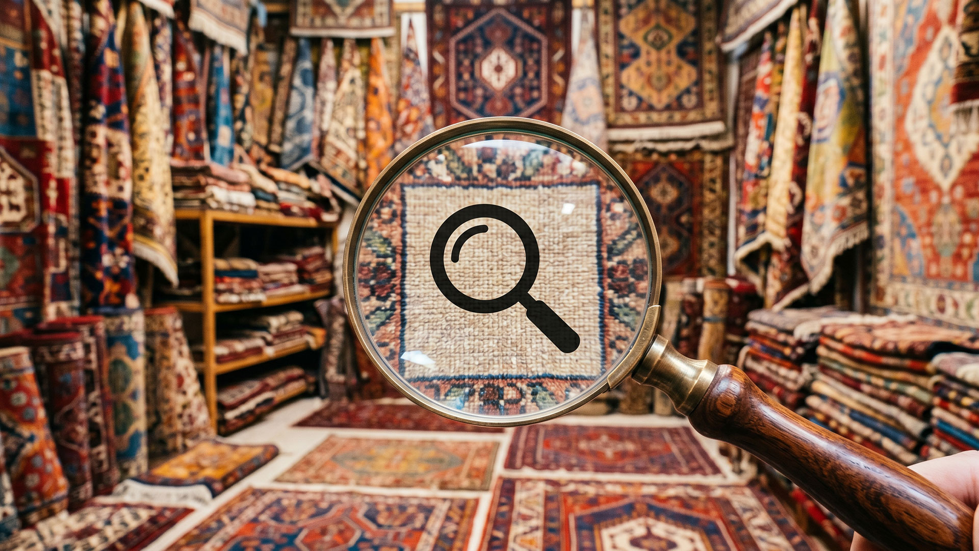Lente d'ingrandimento su un tappeto orientale per la ricerca nel catalogo online.